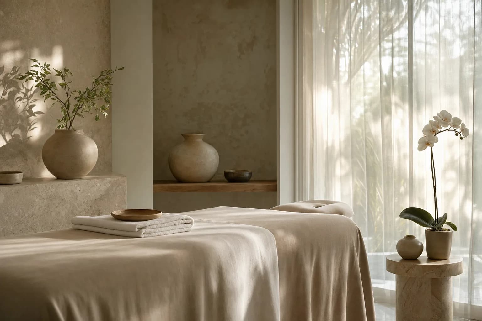 A sunlit treatment room with an orchid beside the massage table